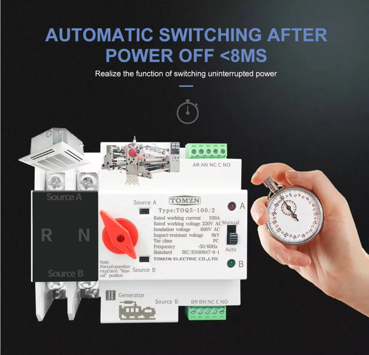 TOMZN DIN Rail Automatic Transfer Switch (ATS) 2P/4P 125A Dual Power Auto Changeover Switch for Generator & Solar Backup
