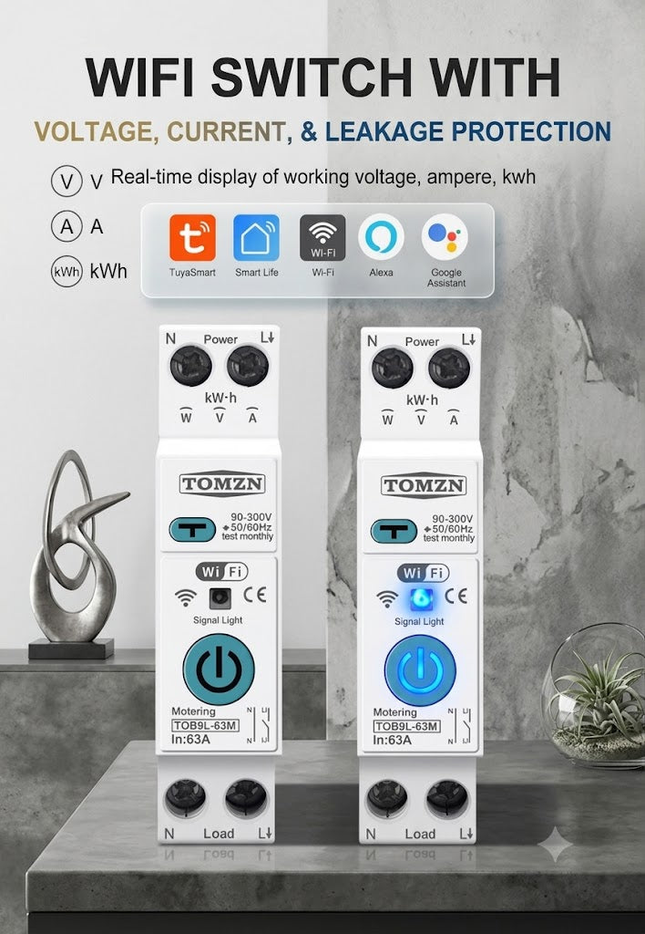 TOMZN 10-in-1 Smart WiFi Circuit Breaker Switch (63A) – Overload, Voltage & Leakage Protection with Timer & App Control