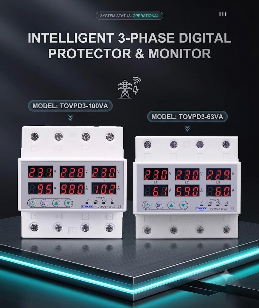 3 Phase DIN Rail Adjustable Over & Under Voltage Current Protector Relay 63A/100A (SYN/ASYNC)